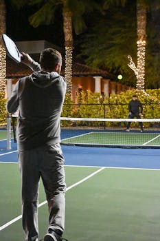 Engaging pickleball match under lit palm trees at night in Scottsdale.