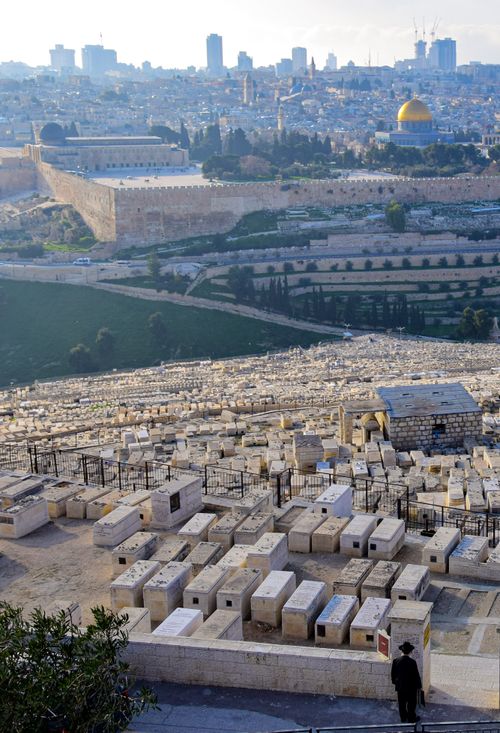 Free View of Jerusalem's Old City and Dome of the Rock from a cemetery. Stock Photo