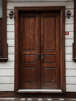 Elegant wooden double door with vintage lanterns on a classic facade.