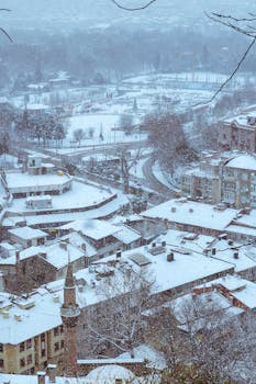 Aerial view of a city blanketed in snow during wintertime, showing snow-covered buildings and trees.