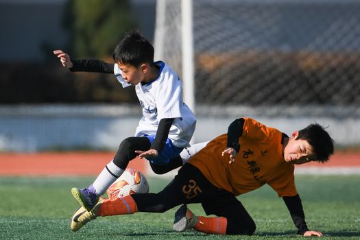 Two young boys in dynamic action during a soccer game outdoors.