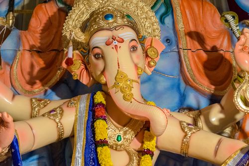 Free Colorful statue of Lord Ganesha adorned for Ganesh Chaturthi in Mumbai, India. Stock Photo