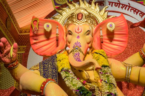 Free Colorful Ganesha idol adorned for Ganesh Chaturthi celebration in Mumbai. Stock Photo