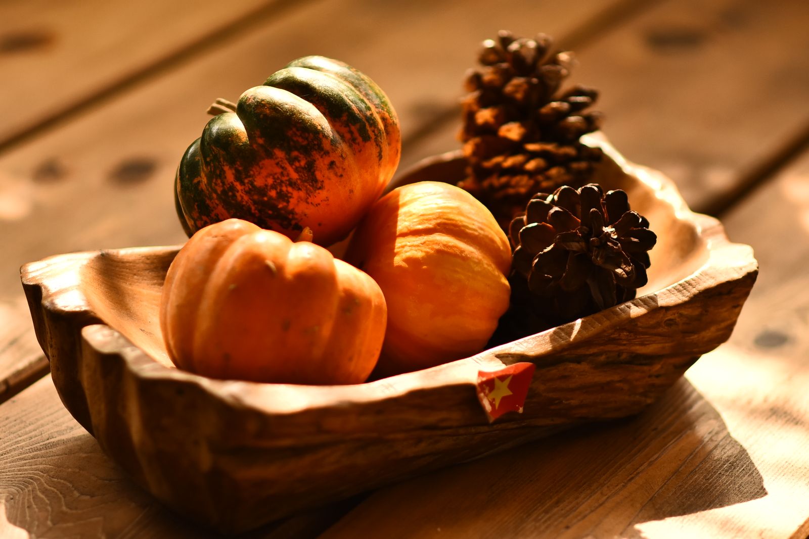 rustic wooden bowl filled with gourds and pine cones on a table, landscape