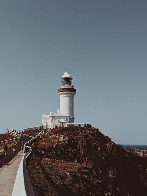 Explore the iconic Cape Byron Lighthouse overlooking the ocean at Byron Bay, NSW, under a clear sky.