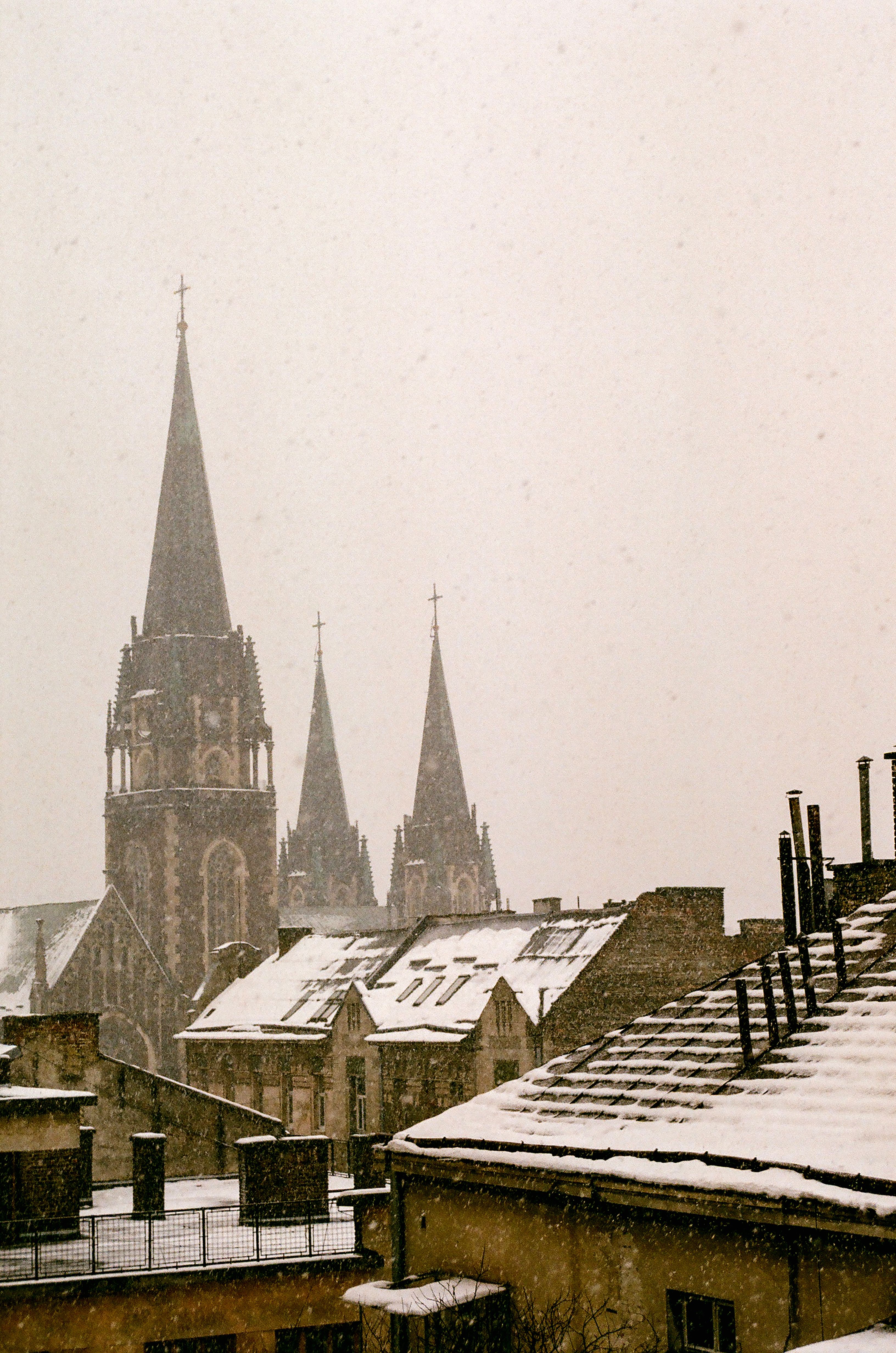 Winter view of St. Elizabeth's Cathedral in Lviv, showcasing snow-covered spires and rooftops.