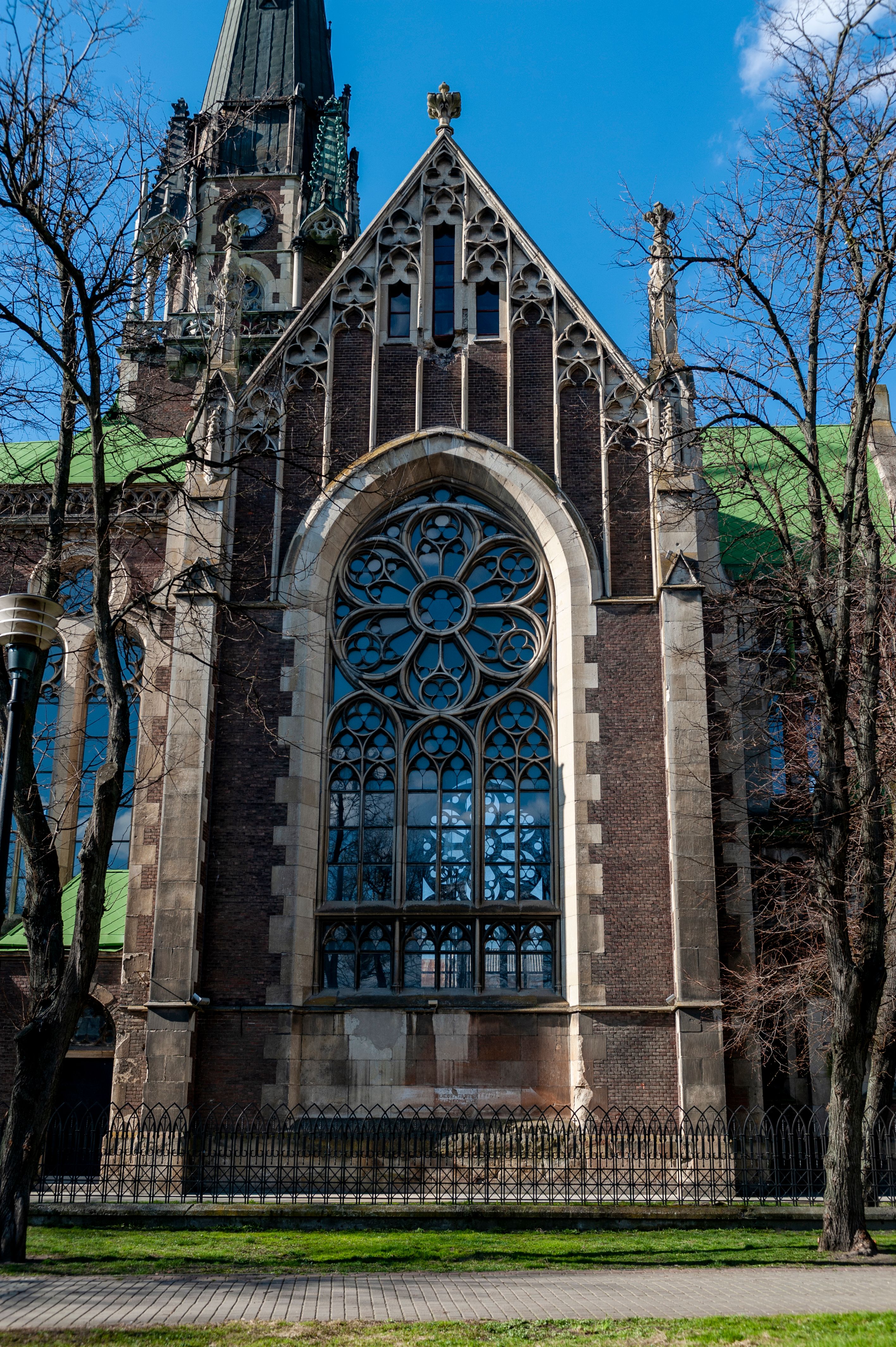 Stunning Gothic architecture of Sts. Olha and Elizabeth Church in Lviv, showcasing intricate stonework.
