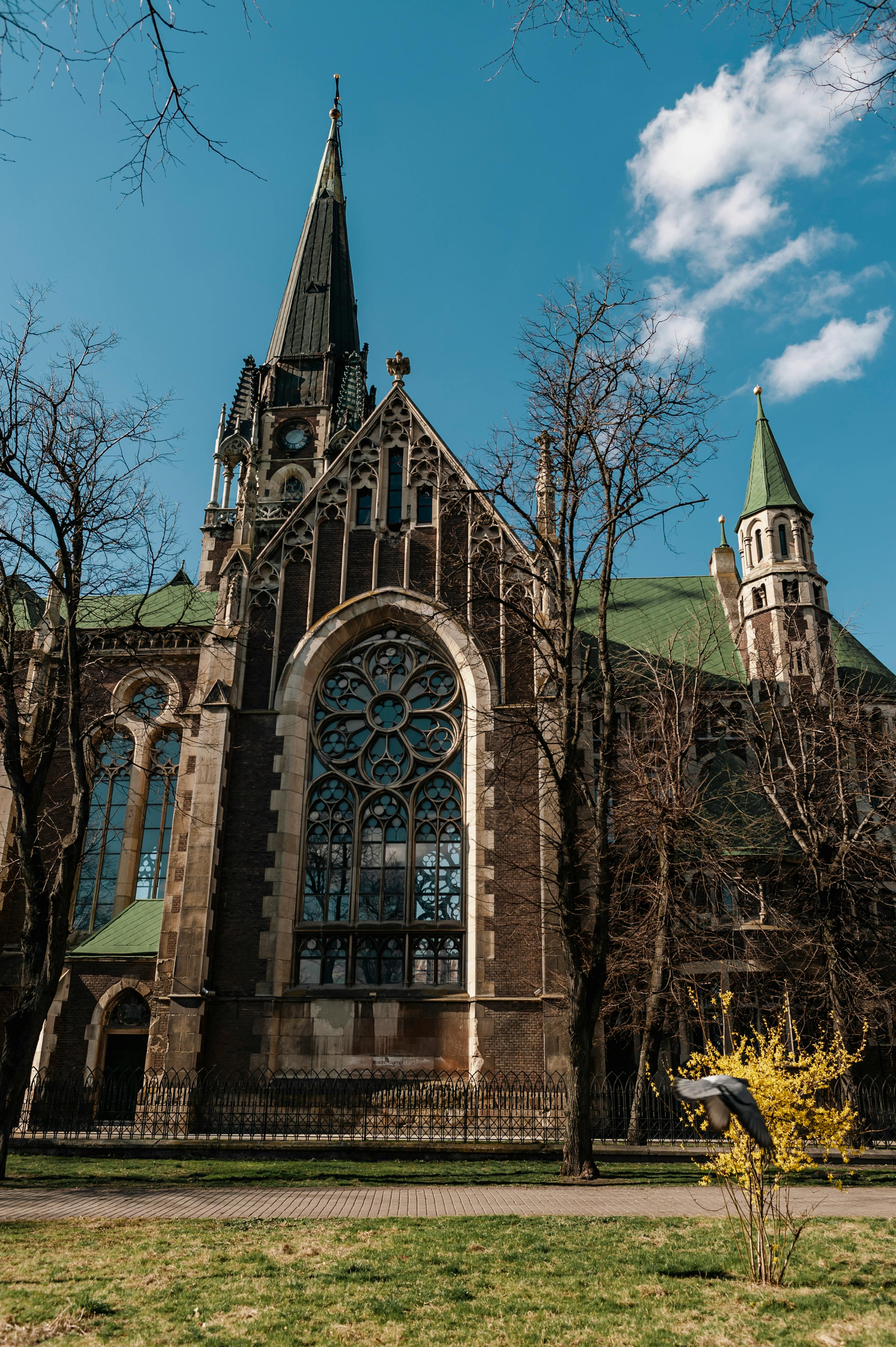 Gothic Revival architecture of Sts. Olha and Elizabeth Church in Lviv, captured in vibrant spring daylight.