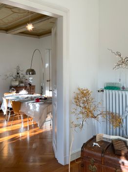 Sunlit dining room with set table, vintage decor, and modern elements.