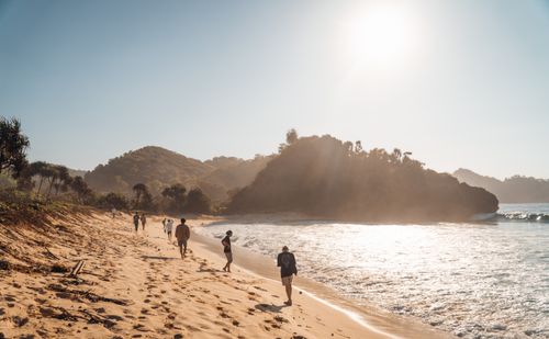 Free A group of people enjoying a sunny day on a tropical beach with scenic views of hills and ocean waves. Stock Photo