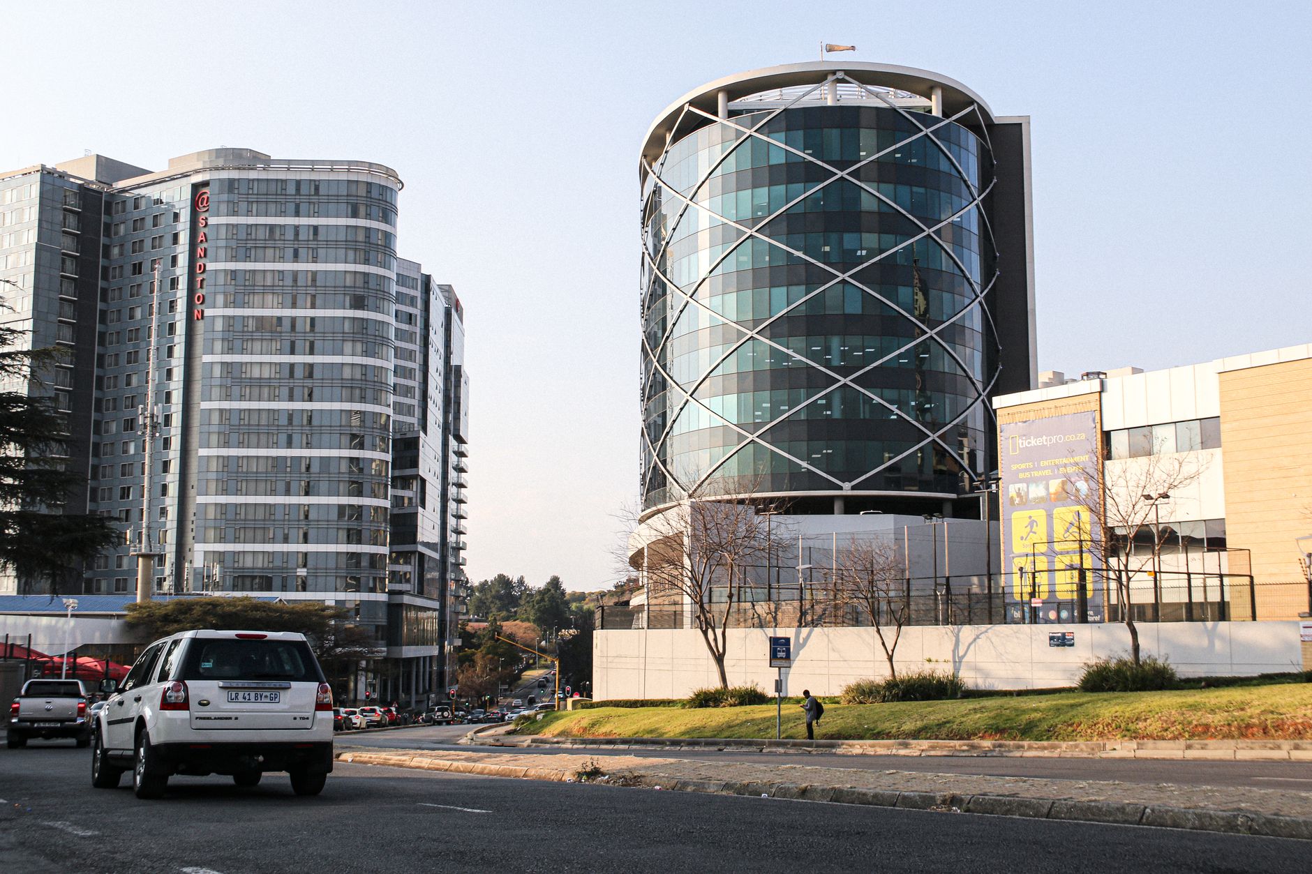 High-rise buildings in Sandton, Johannesburg on a sunny day.