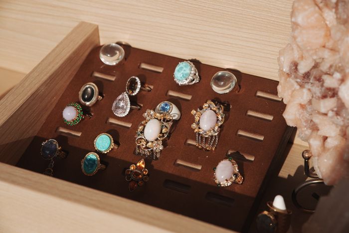 A tray of gemstone rings