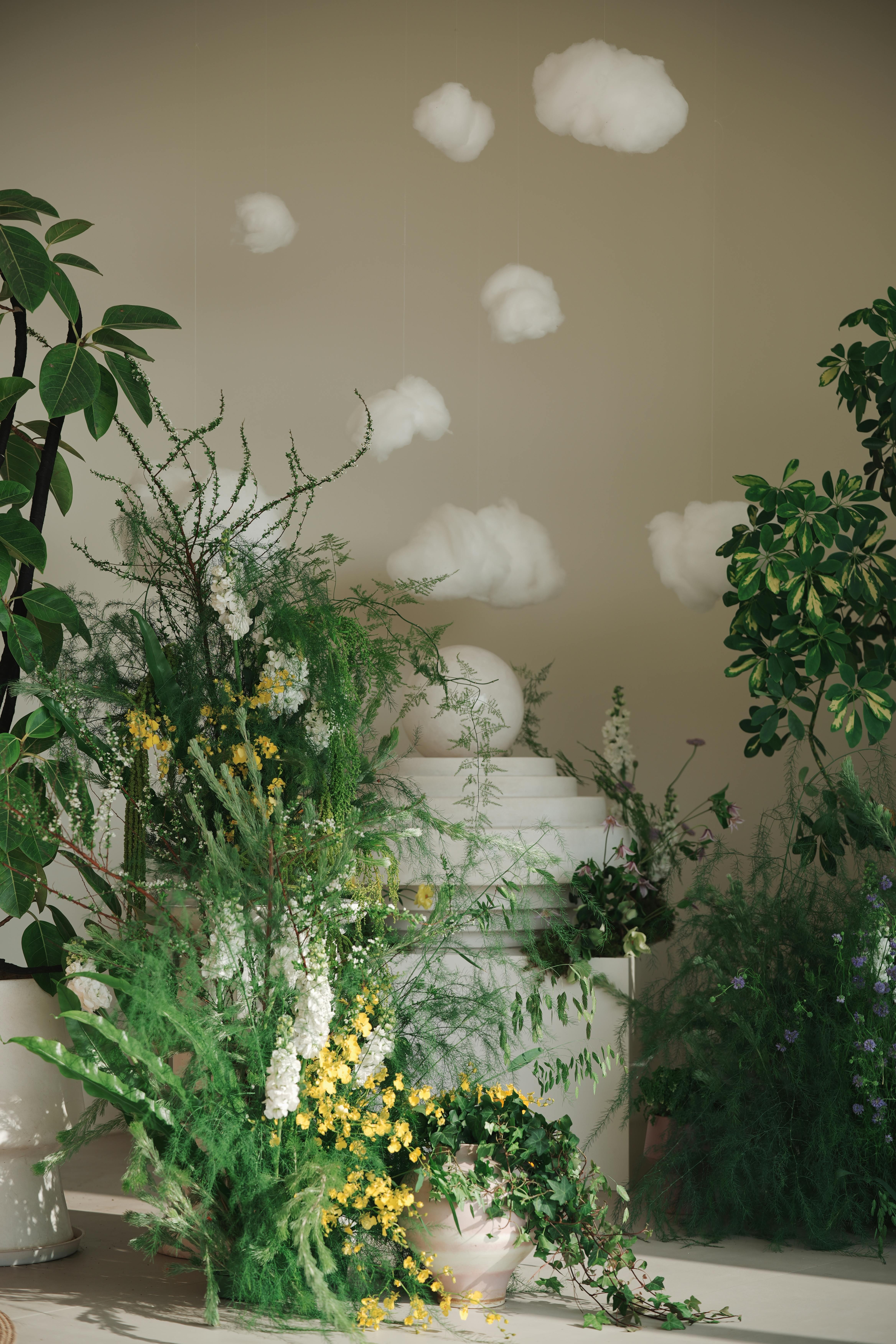 Indoor setting with lush green plants and elegant hanging white cloud decor.