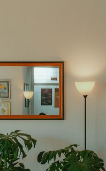 A cozy indoor setting featuring a framed mirror, lamp, and plants.