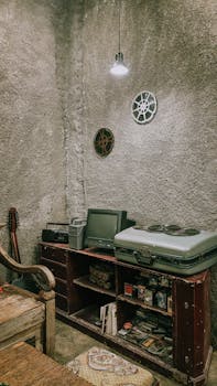 Cozy vintage interior with old TV, film reels, and rustic decor in Indonesia.