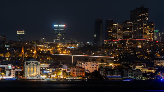 A stunning nighttime cityscape of Istanbul featuring illuminated skyscrapers and the Bosphorus Bridge.
