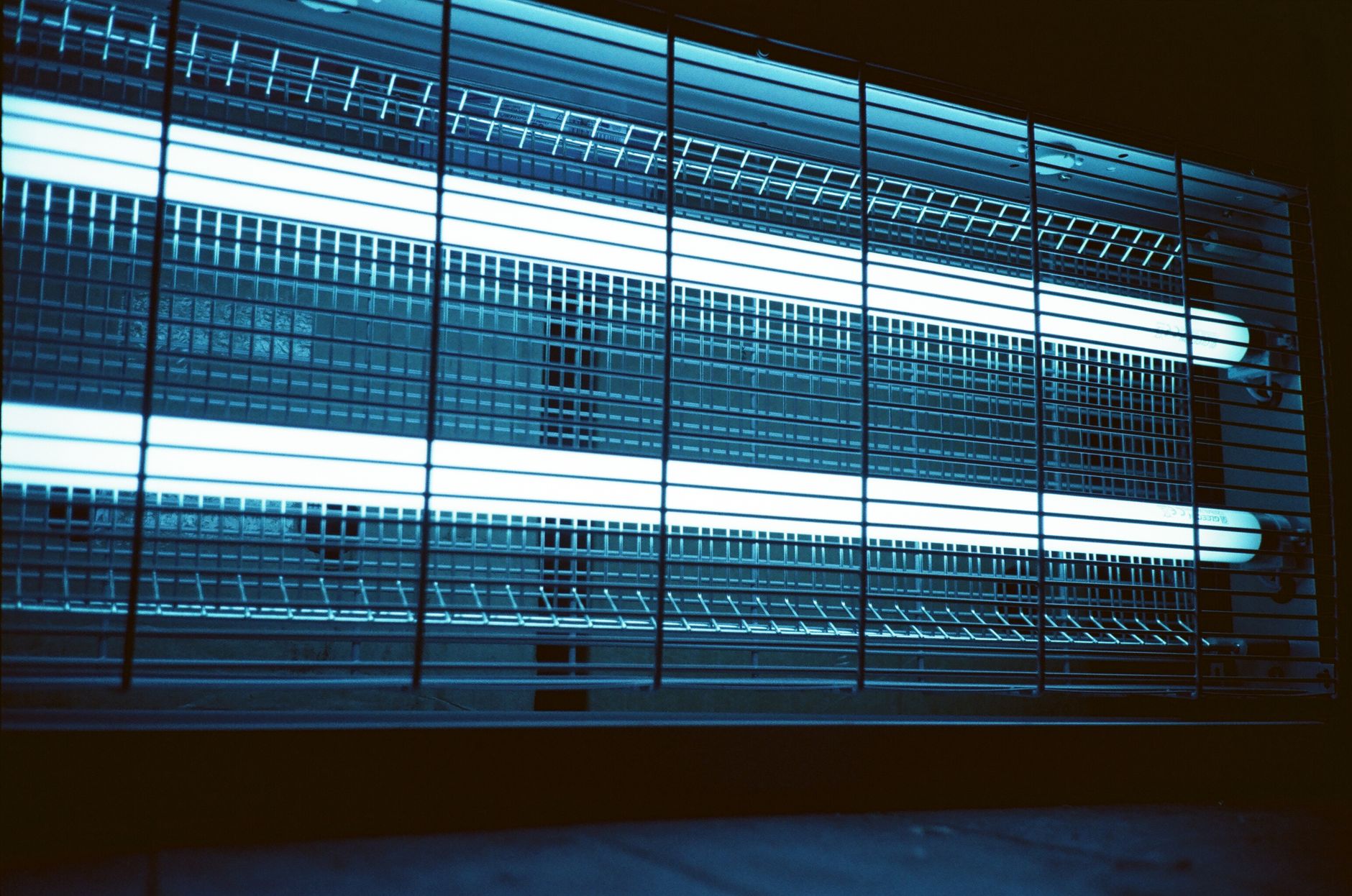 A close-up view of glowing fluorescent bulbs behind a wire mesh, showcasing modern lighting technology.