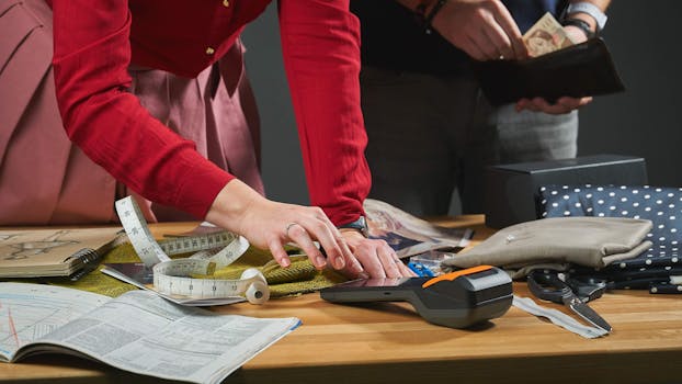 A tailor's workspace showcasing tools, fabric, and digital payment setup.