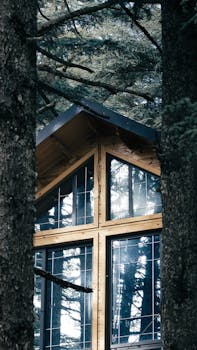 A modern A-frame cabin nestled among tall trees with reflective glass windows.
