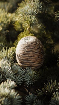 A detailed close-up of a pinecone nestled in evergreen branches, captured in warm sunlight.