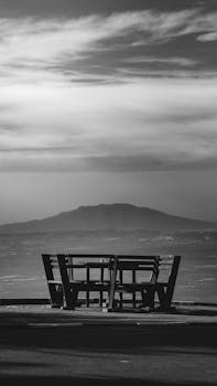Black and white photo of empty benches facing a distant mountain under a cloudy sky.