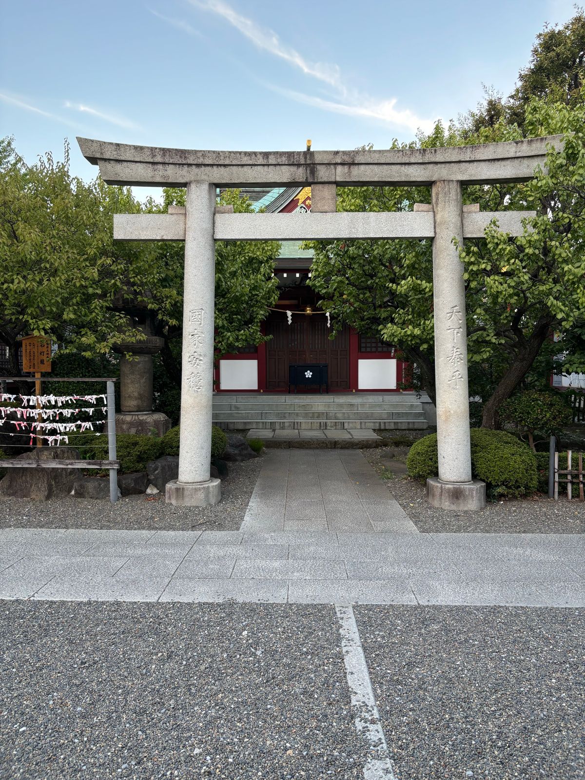 Classic Japanese torii gate at a Shinto shrine framed by ancient trees