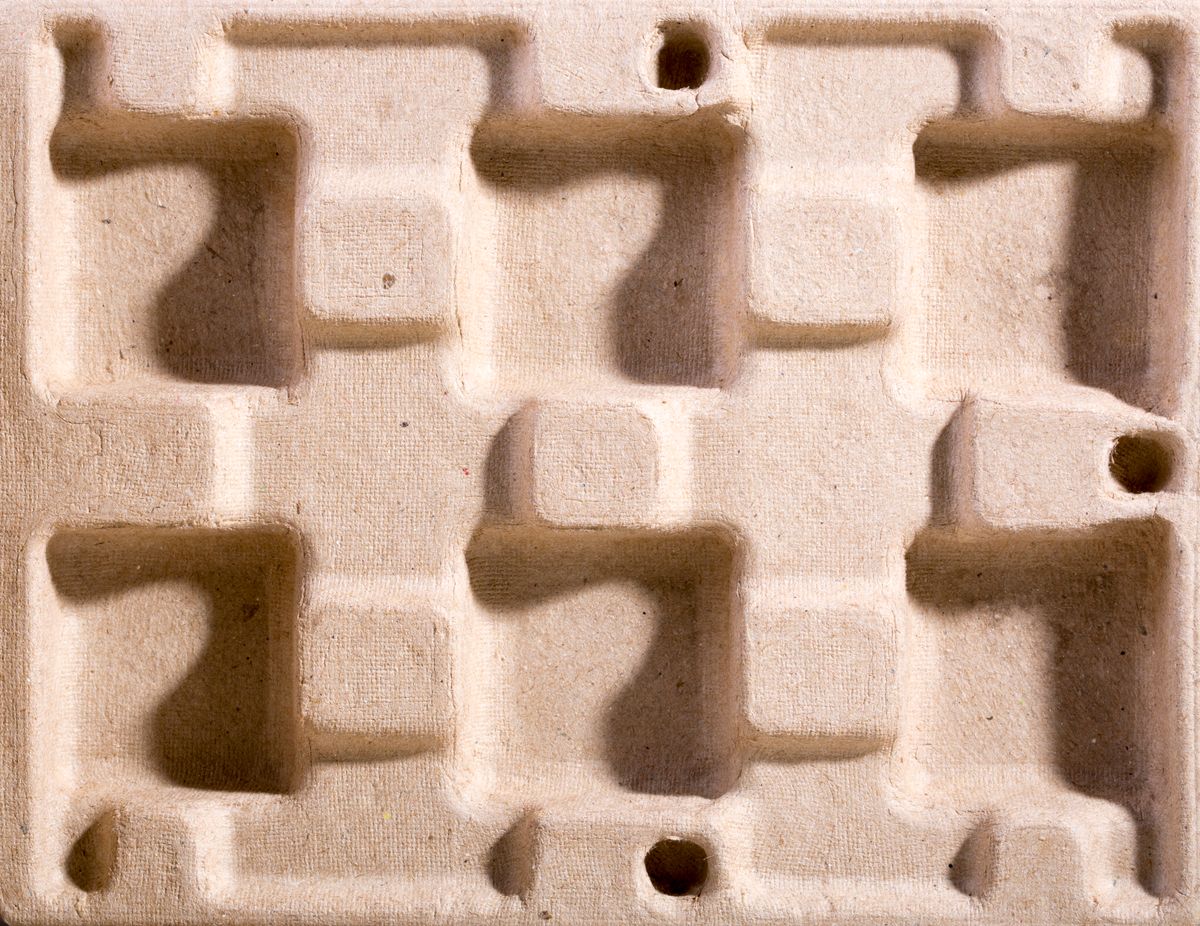 Fiber molded pulp tray packaging with formed protective cavities