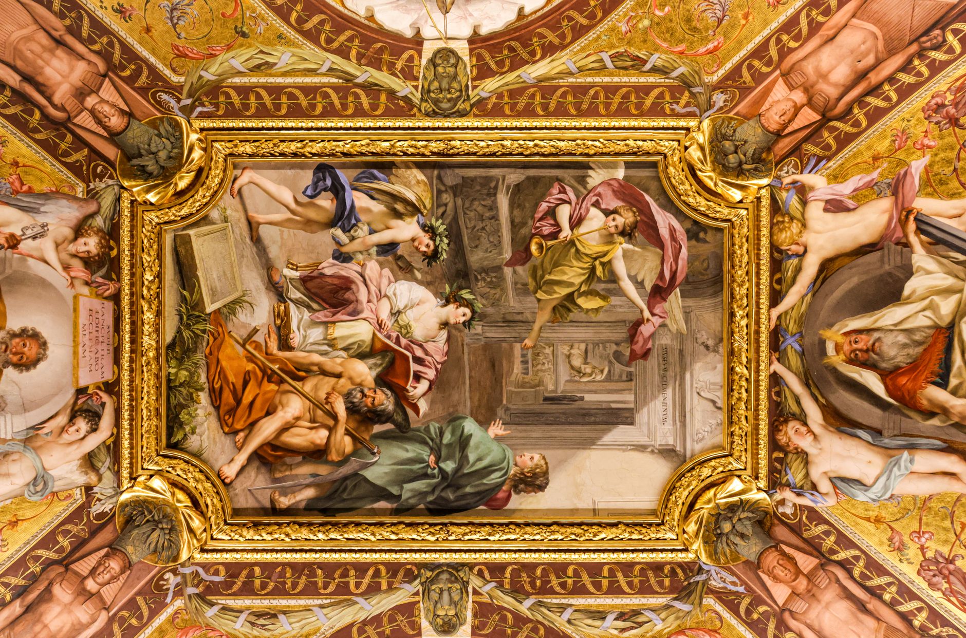 Detailed Baroque fresco ceiling art with vibrant colors in a historical setting.