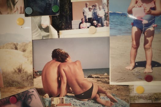A nostalgic collage of vintage beach vacation photos with family moments.