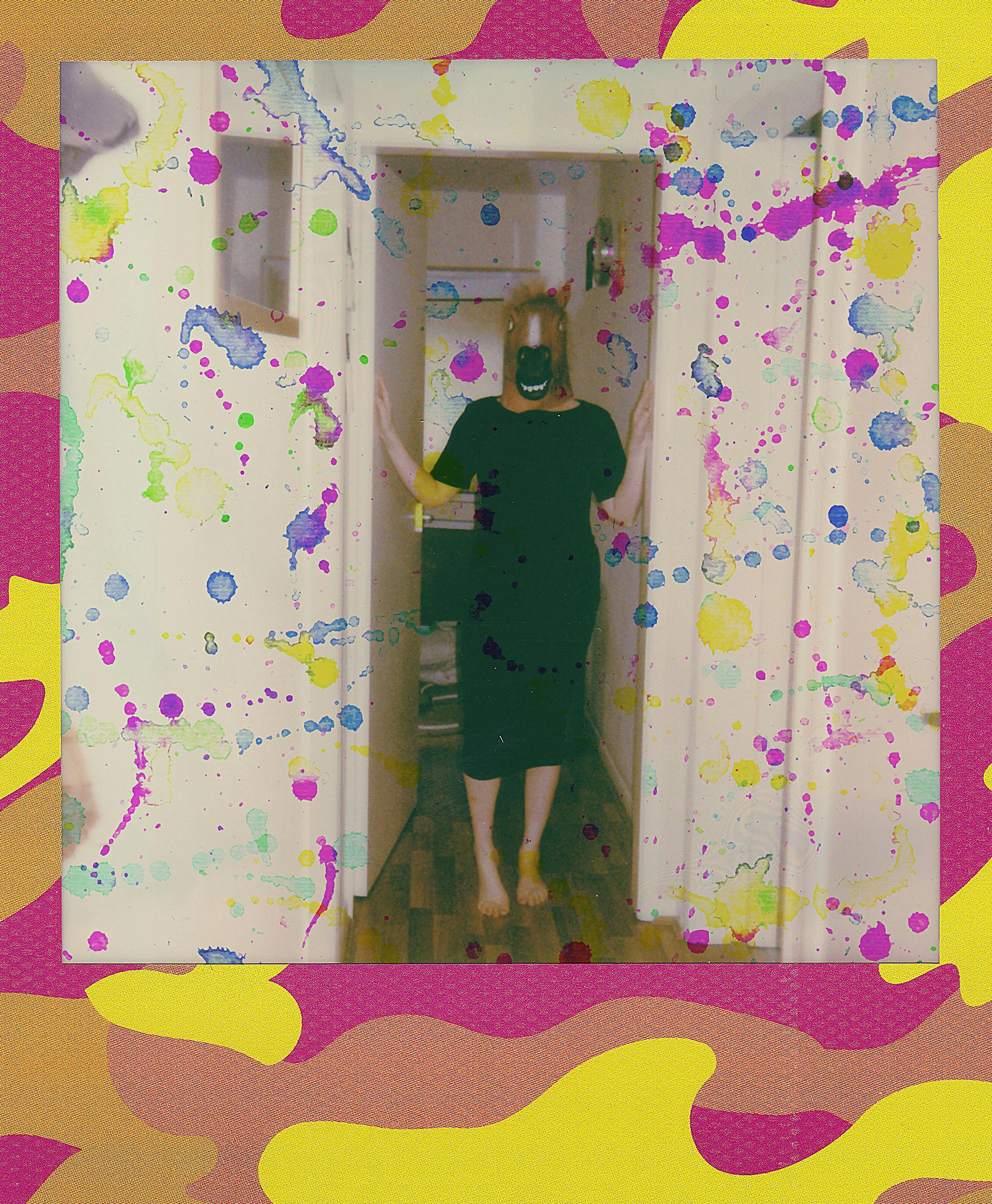 Artistic image of a masked figure in a hallway, splattered with colorful paint.