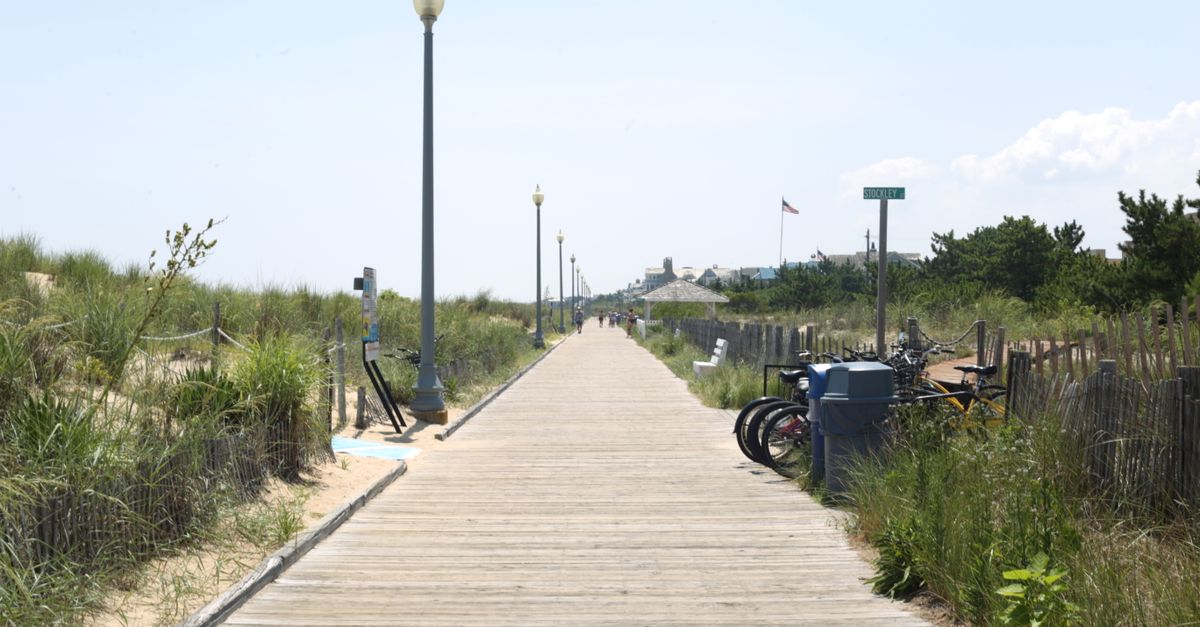 Scenic view of a tranquil beach boardwalk lined with grass and bikes on a sunny day.