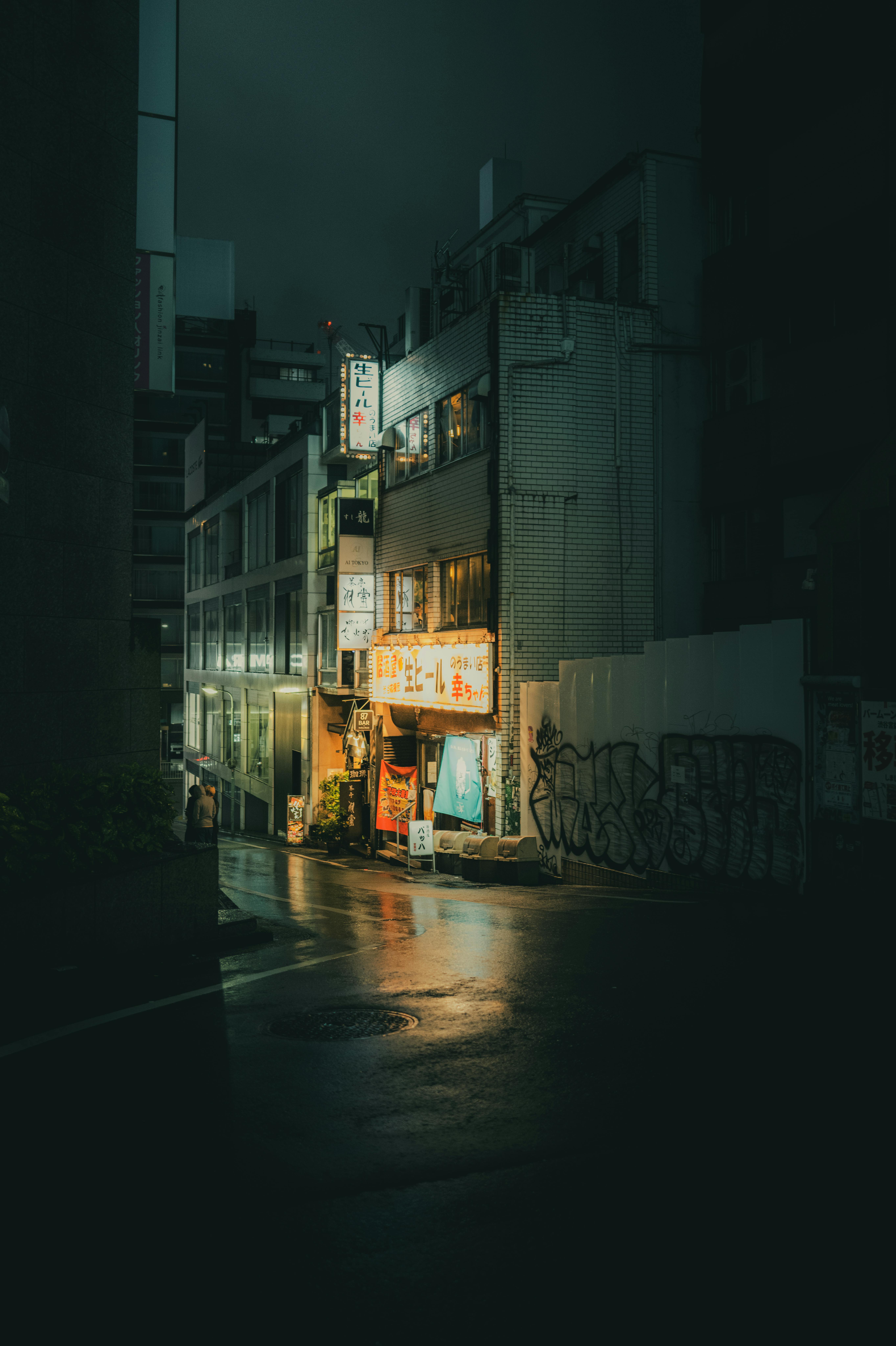 Gratuit O stradă slab luminată din Tokyo surprinde esența vieții de noapte urbane, cu vitrine strălucitoare și trotuare ude. Fotografie de stoc