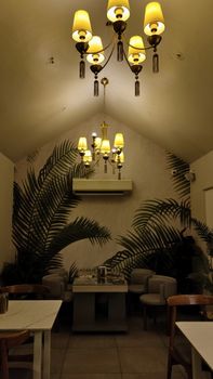 Elegant dining room with chandeliers and tropical decor offers a warm, inviting atmosphere.