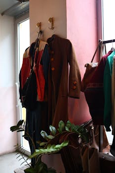 Warm, vintage coats hanging indoors with natural sunlight, offering a cozy, nostalgic ambiance.