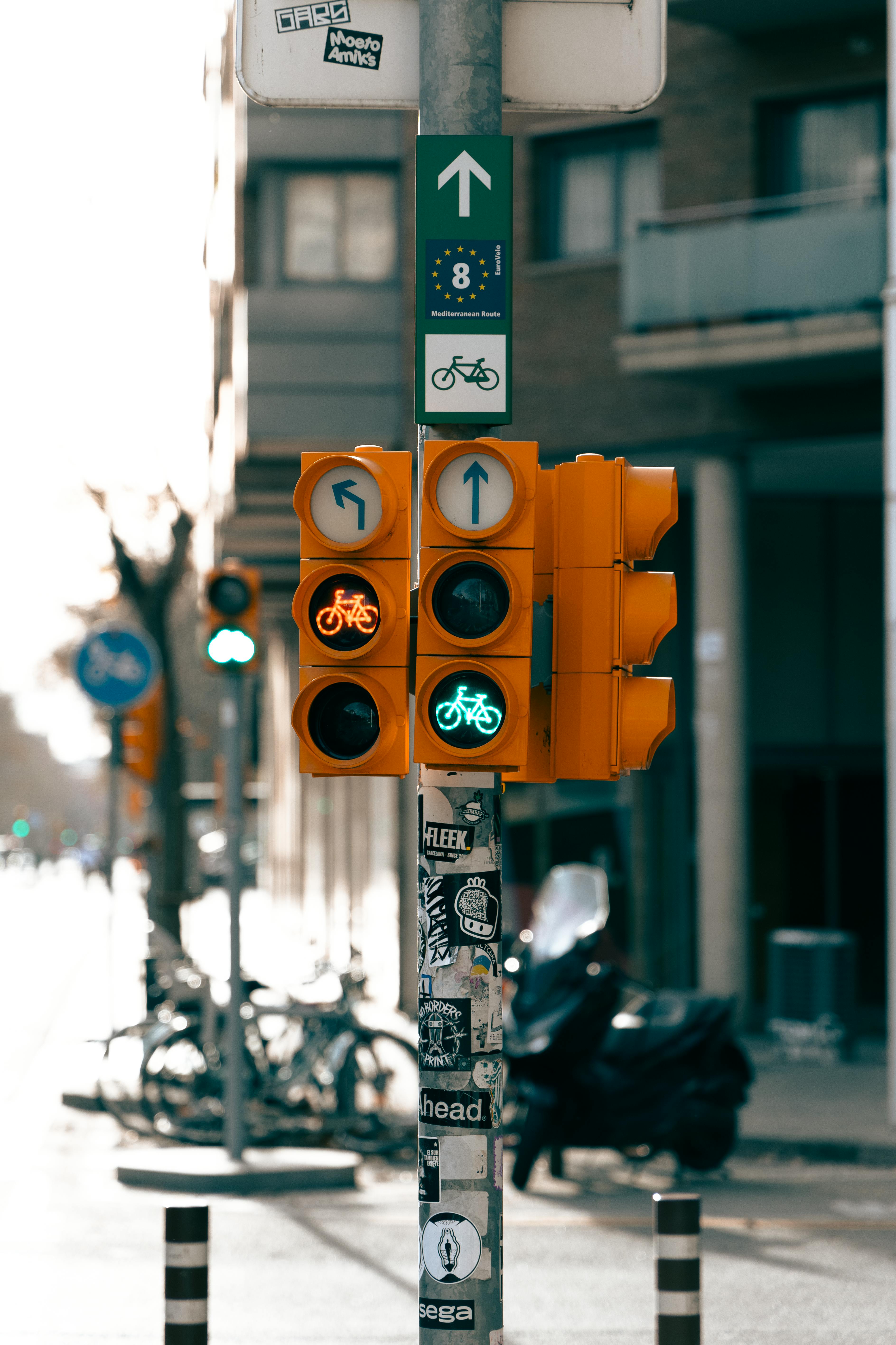 grátis Semáforo para bicicletas em uma rua ensolarada de Barcelona, promovendo a infraestrutura para ciclistas. Foto profissional