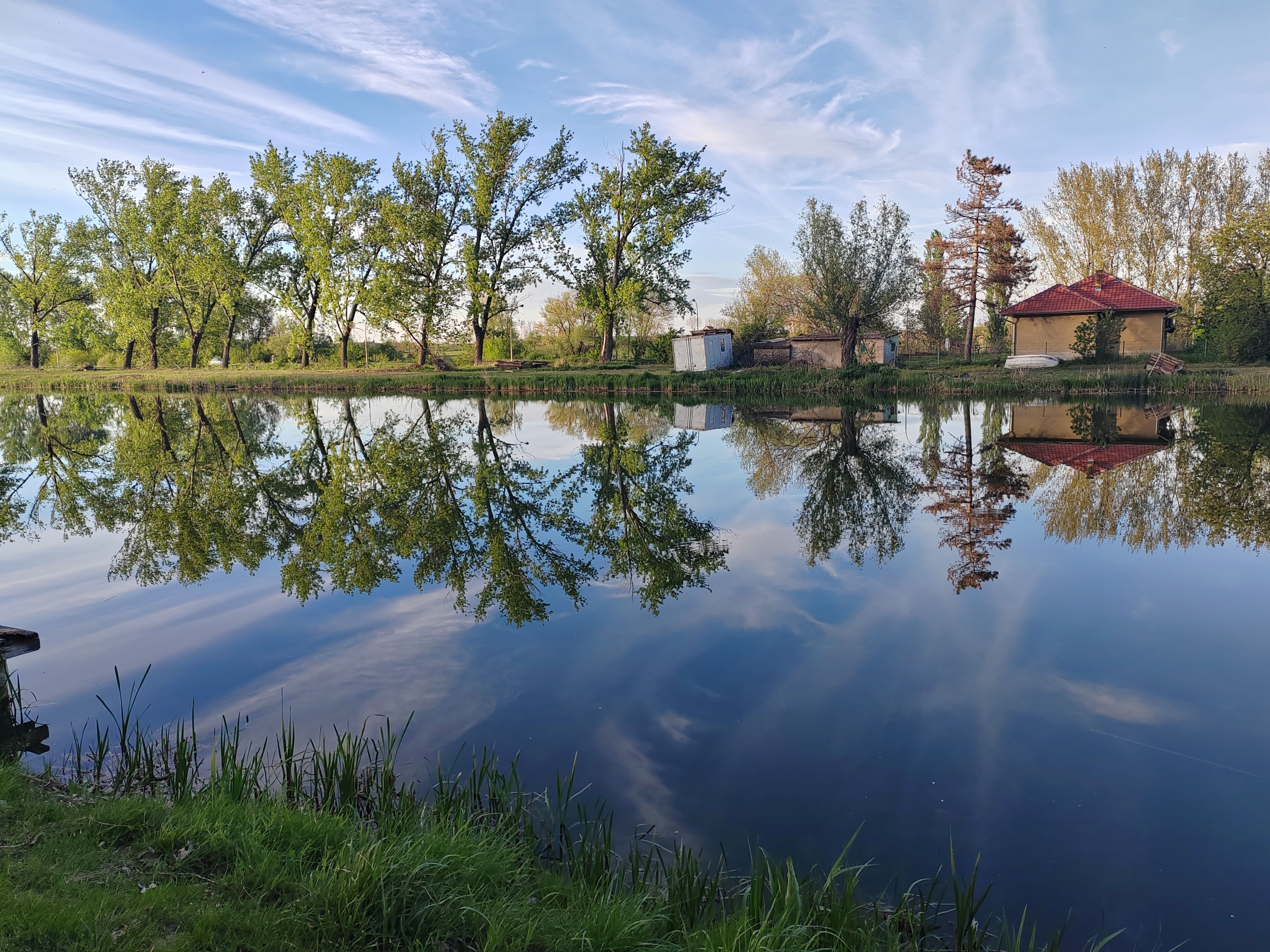 Tranquil lake scene with tree reflections and clear skies in Vrbas, Vojvodina, Serbia.