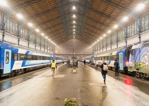 Busy scene at Nyugati Railway Station in Budapest with trains and commuters.