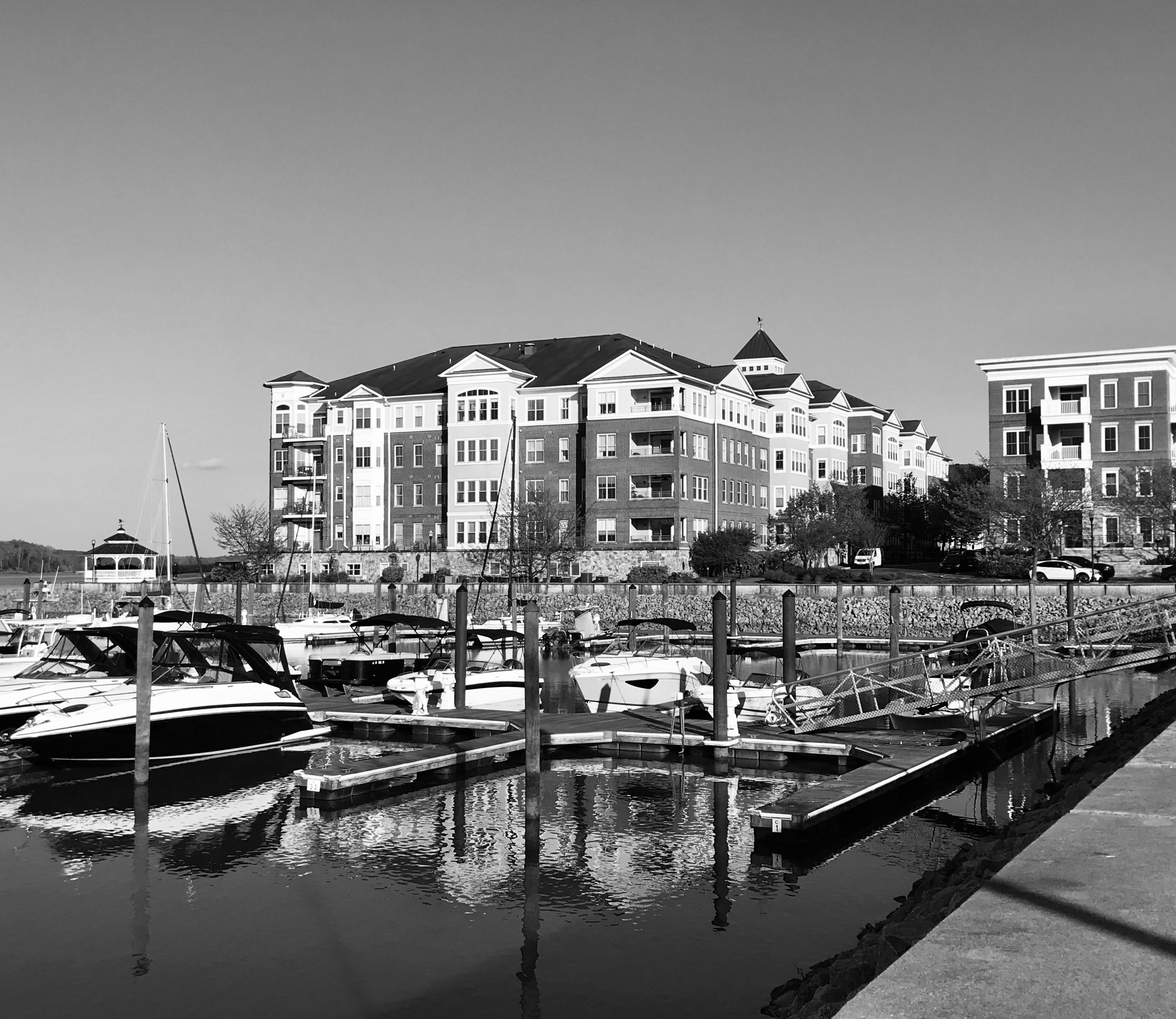 Scenic view of a marina with boats and waterfront architecture in monochrome.