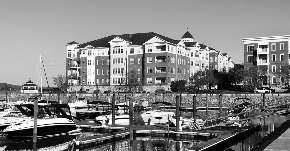 Scenic view of a marina with boats and waterfront architecture in monochrome.