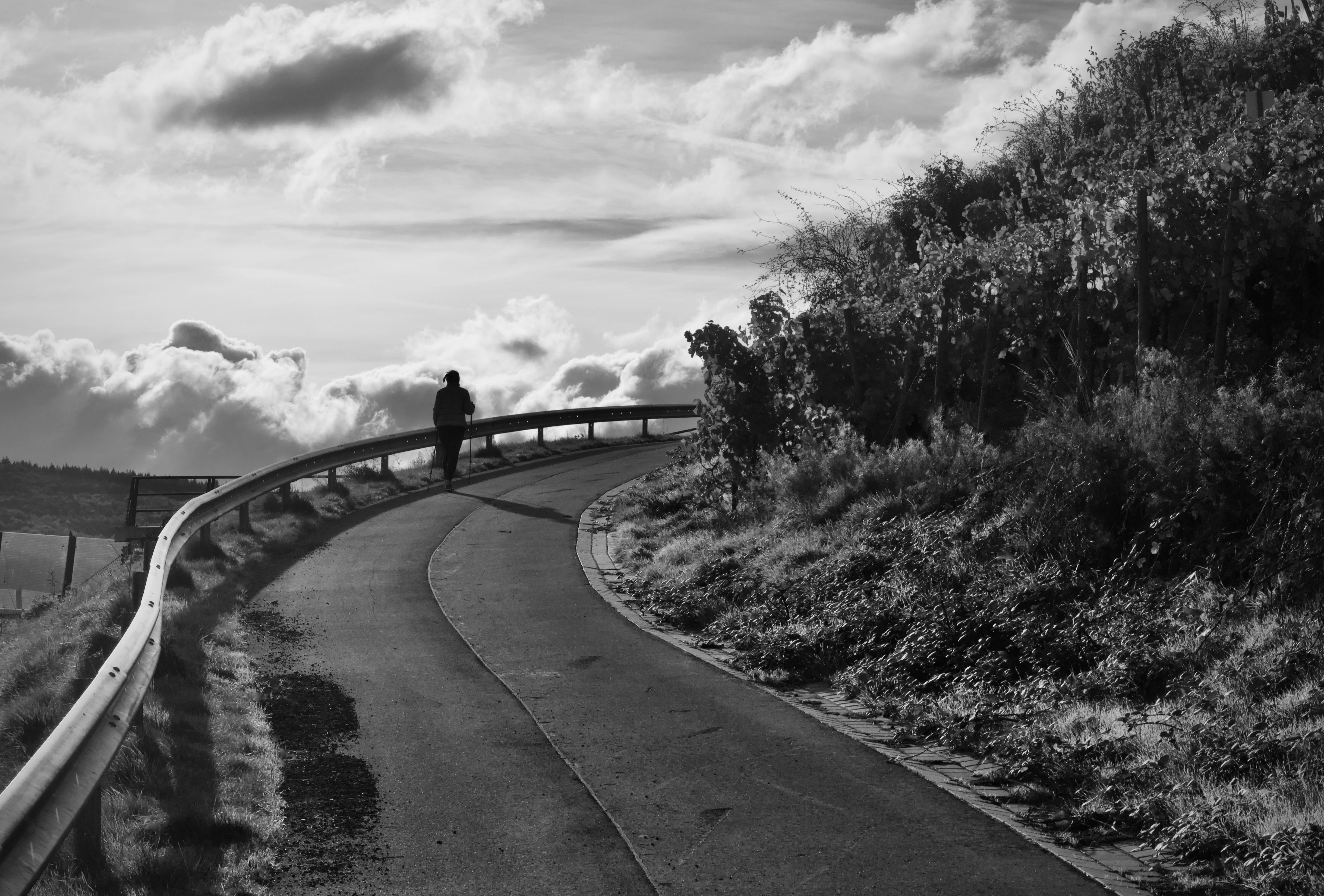 A person walks alone on a curving road under a moody sky, captured in black and white.