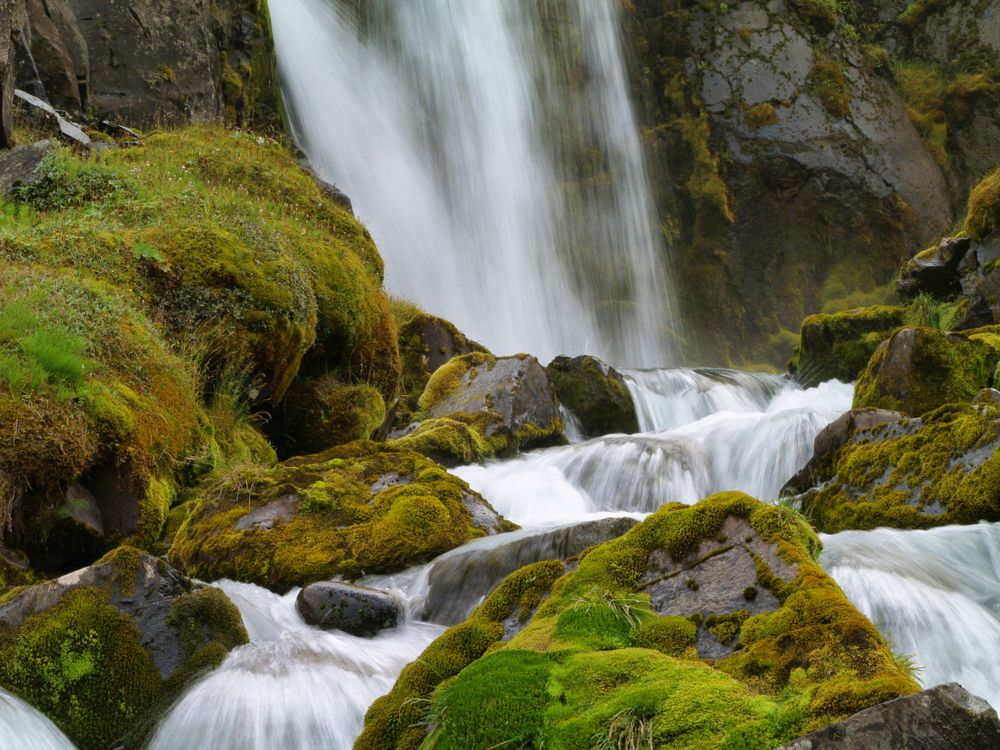 Serene Waterfall Over Mossy Rocks in Nature · Free Stock Photo