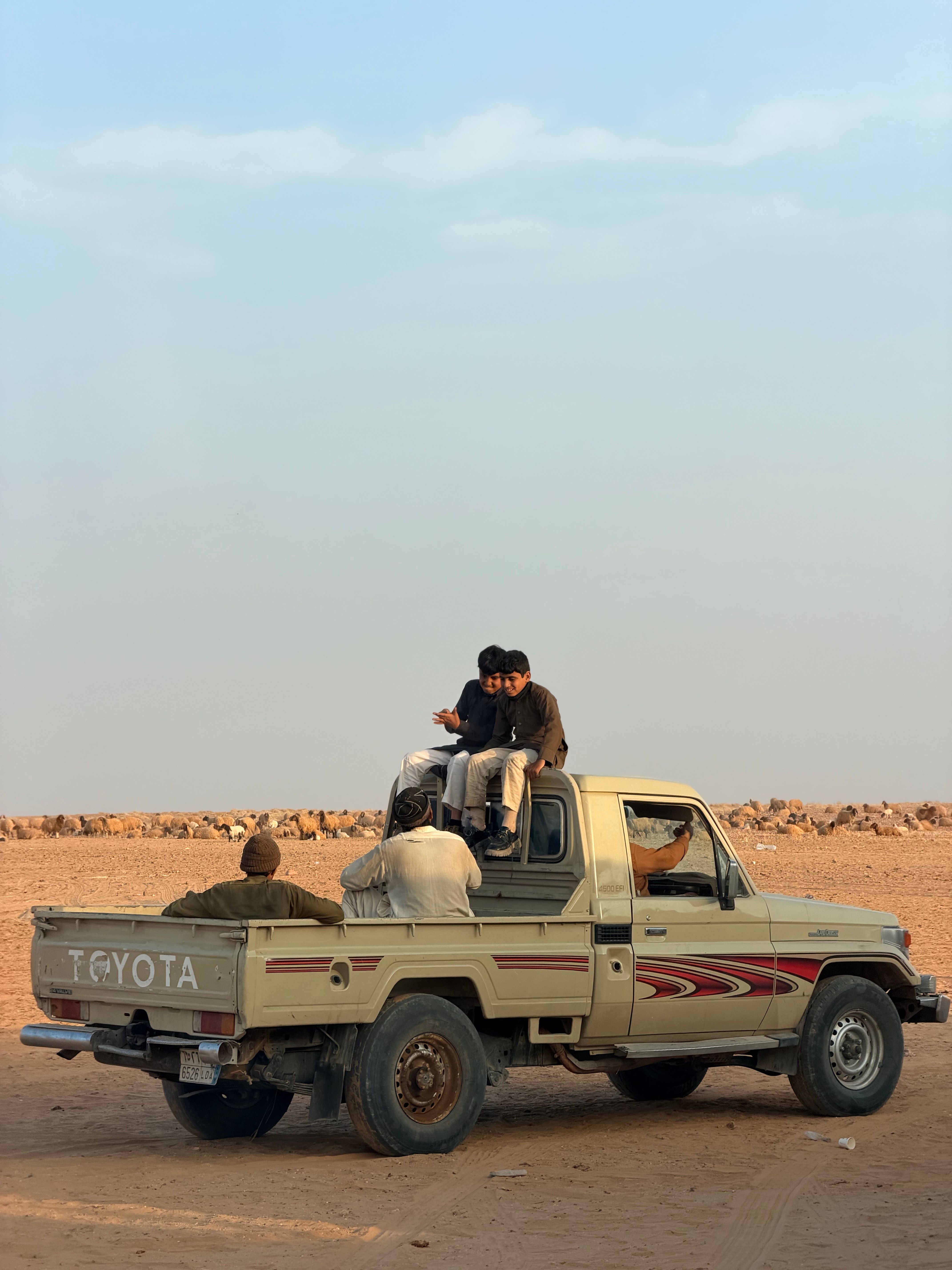 People sitting on a pickup truck in a desert landscape, enjoying a sunny day.
