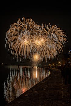 Stunning fireworks light up the night sky over Stralsund harbor, reflecting in the water.