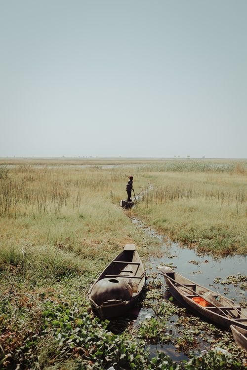 Free Scenic view of marshland with wooden boats and a solitary fisherman under clear sky. Stock Photo