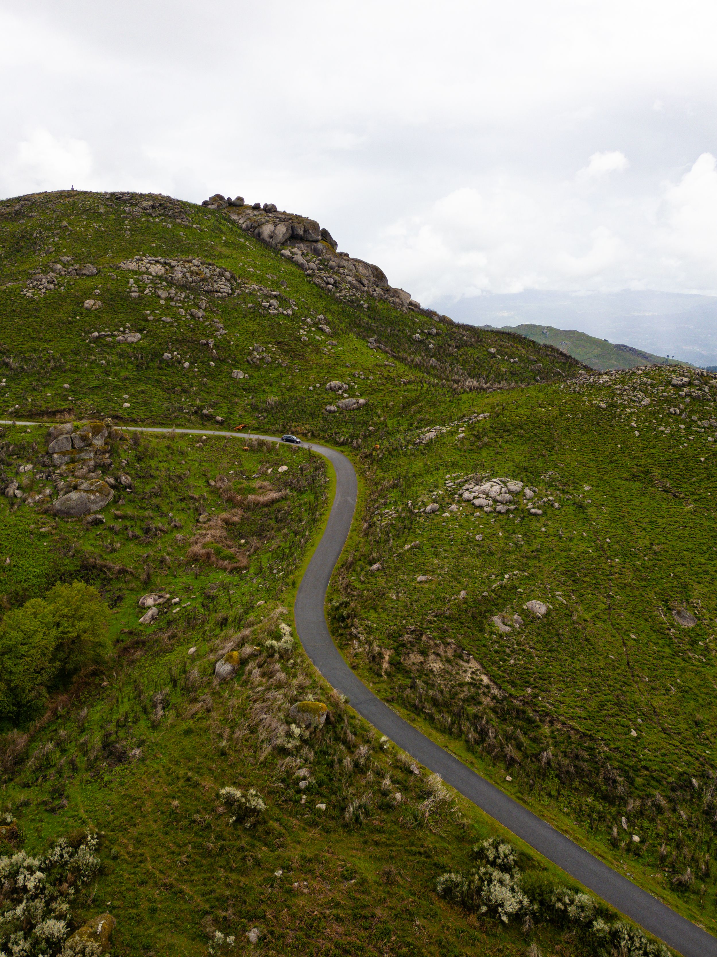 Scenic aerial view of a winding road through lush green hills and rocky terrain.