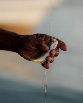 Detailed shot of a hand gripping a small fish caught in Zanzibar, Tanzania.