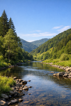 Tranquil river flowing through lush green mountains under a clear blue sky.