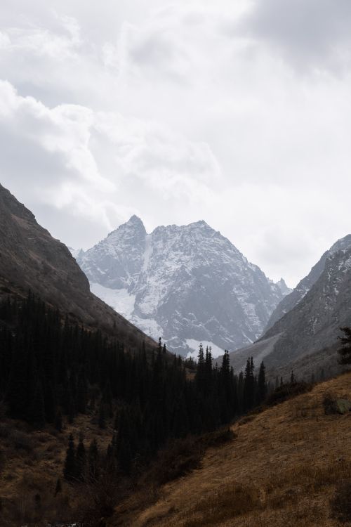 Free Breathtaking view of snowy mountains framed by a rugged valley in Kyrgyzstan. Stock Photo