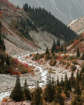 Scenic view of a mountain creek surrounded by autumn colors in Kyrgyzstan.