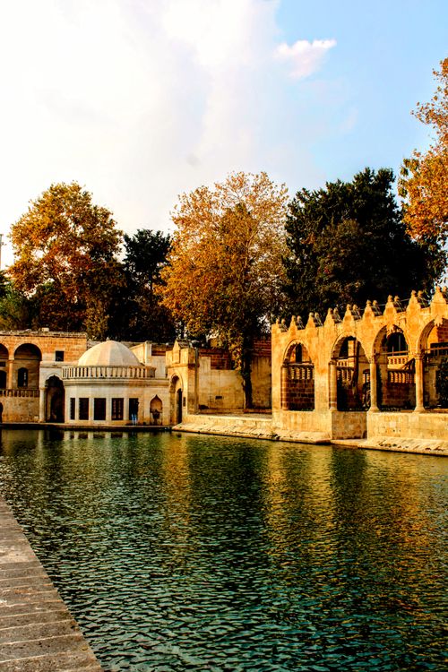 Free Serene outdoor pond surrounded by historical architecture and autumn trees, capturing timeless beauty and tranquility. Stock Photo